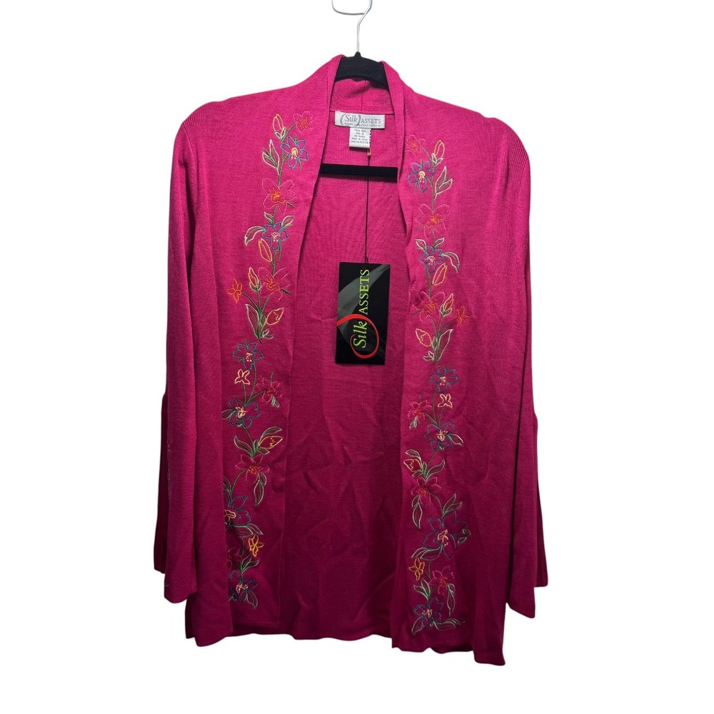Diane von Furstenberg Silk New Cardigan Open Sweater Embroidered Floral S Pink